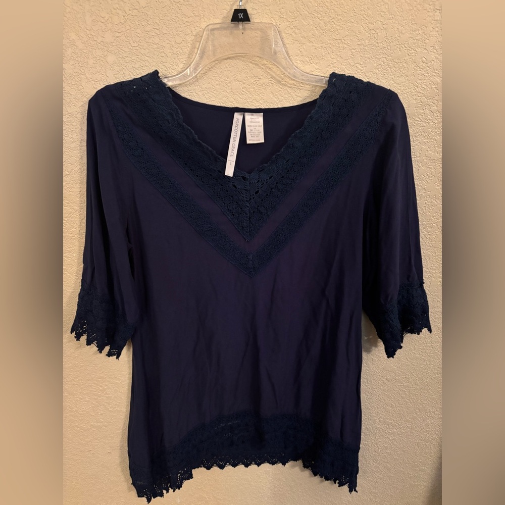 Navy Blue Boho Lace Trim Women's Blouse, Size L